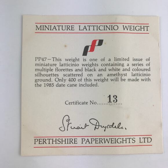 Perthshire PP47 1985 Millefiori Picture Cane Cat Bird Amethyst Paperweight Cert - Picture 10 of 16